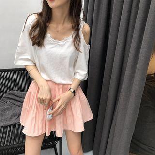 Elbow-sleeve Lace Trim Cold Shoulder T-shirt
