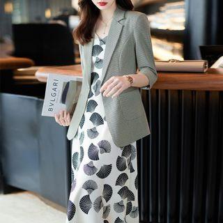 Set: Elbow-sleeve Blazer + Print Midi A-line Dress