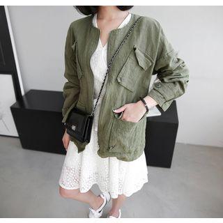 Collarless Multi-pocket Zip-up Jacket