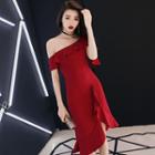 Ruffle One-shoulder Midi Sheath Dress