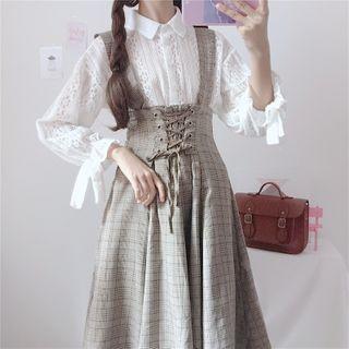 Long-sleeve Lace Shirt / Plaid Midi A-line Suspender Skirt