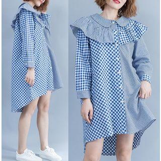 Plaid Ruffle Trim Shirt Dress Blue - One Size