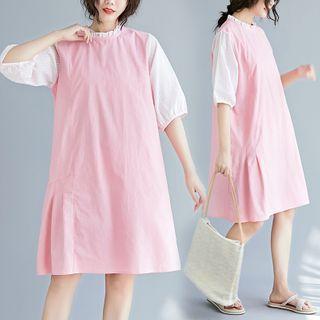 Elbow-sleeve Ruffled Two-tone A-line Dress