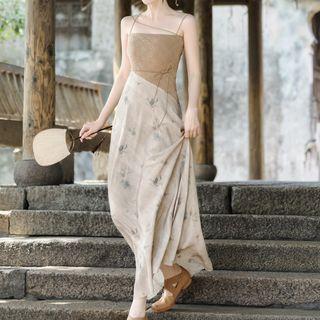 Spaghetti Strap Floral Panel Maxi A-line Dress / Long-sleeve Crop Top