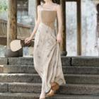 Spaghetti Strap Floral Panel Maxi A-line Dress / Long-sleeve Crop Top