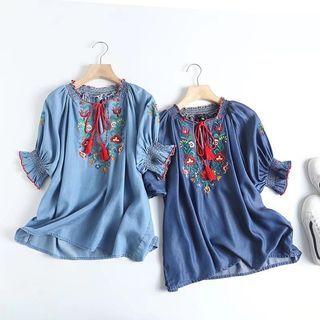 Short-sleeve Floral Embroidered Tasseled Boho Tunic