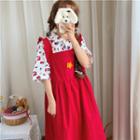 Elbow-sleeve Flower Print Shirt / Sleeveless Ruffled Midi Dress