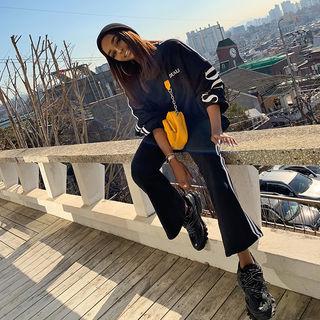 Set: Contrast-trim Cotton Pullover + Band-waist Boot-cut Pants