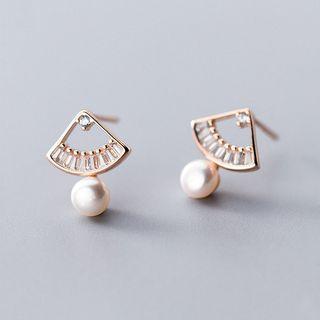 925 Sterling Silver Rhinestone Fan Faux Pearl Earring