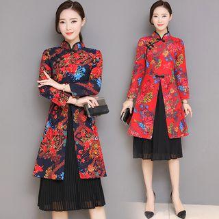 3/4-sleeve Qipao Pleated Panel Midi Dress