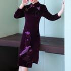 Long-sleeve Embroidered Midi Qipao Dress