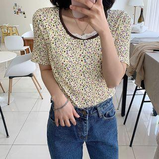 Contrast-trim Floral T-shirt