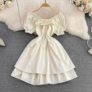 Puff Sleeve Bow Detail A-line Dress