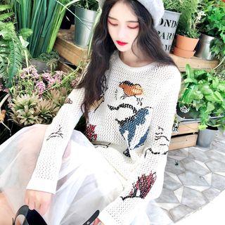 Printed Perforated Sweater White - One Size