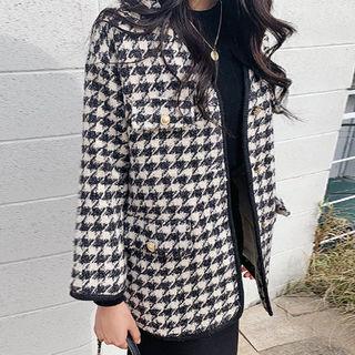 V-neck Houndstooth Jacket Charcoal Gray - One Size