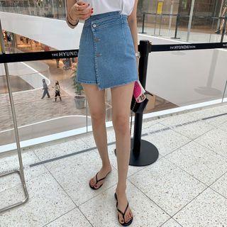 Sleeveless Padded-shoulder T-shirt / Denim Mini A-line Skort