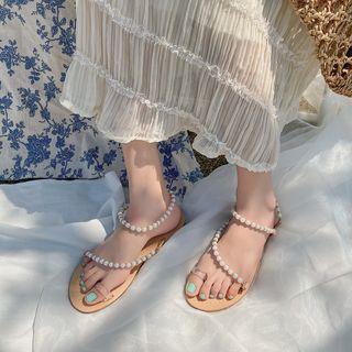 Faux Pearl T-strap Flat Sandals