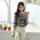 Wide-cuff Ruffled Plaid Blouse