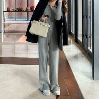 Set: Lettering Zip Cardigan + Wide-leg Pants