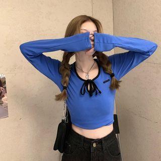 Long-sleeve Tie-strap Cropped T-shirt