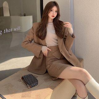 Plain Blazer / Mini Wrap Skirt / Lettering Knit Top