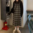 Cable Knit Sweater / Plaid Midi Jumper Dress