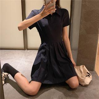 Short-sleeve A-line Polo Dress Navy Blue - One Size