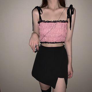 Tie Strap Frill Trim Ruffled Cropped Top / High-waist Asymmetric A-line Skirt
