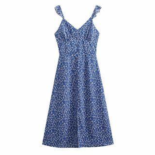 Spaghetti Strap Floral Print Chiffon Midi A-line Dress