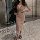 Long-sleeve Button-front Midi Dress