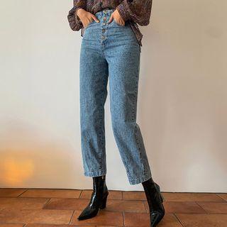Button-fly Buckled-back Tapered Jeans