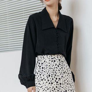 Puff Sleeve Collared Plain Blouse