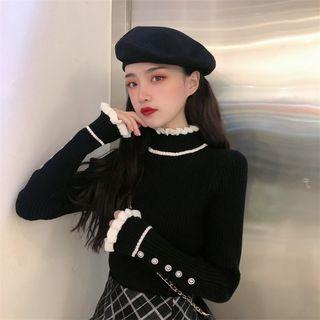 Long-sleeve Frill Trim Mock-neck Knit Top