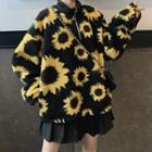 Mock Neck Sunflower Print Pullover As Shown In Figure - One Size