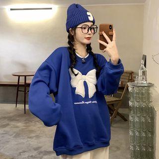 Round Neck Bow Sweatshirt Blue - One Size