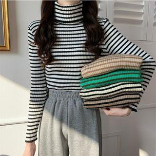 Long-sleeve Turtleneck Striped Slim-fit Knit Top