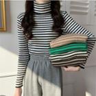 Long-sleeve Turtleneck Striped Slim-fit Knit Top