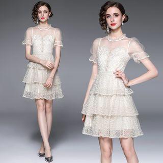 Short-sleeve Tiered Lace A-line Dress