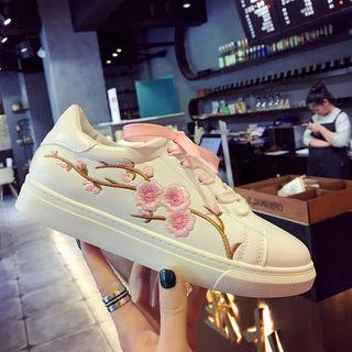 Faux Leather Embroidered Lace Up Sneakers