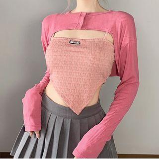 Set: Applique Asymmetrical Cropped Camisole Top + Long-sleeve Button-up Cropped T-shirt
