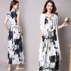 Set: Sleeveless Printed A-line Midi Dress + 3/4-sleeve Light Jacket