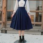 Printed Sailor Collar Blouse / Midi Suspender Skirt
