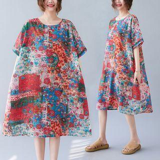 Short-sleeve Print Loose-fit A-line Dress Red & Blue - One Size