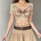 Short Sleeve V-neck Butterfly Print Ruffled-trim Crop Top