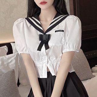 Set: Puff-sleeve Sailor Collar Shirt + Bow Tie