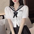 Set: Puff-sleeve Sailor Collar Shirt + Bow Tie