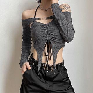 Set: Halter Drawstring Cropped Camisole Top + Shrug