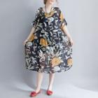 Set: Elbow-sleeve Floral Print Midi Chiffon Dress + Slipdress