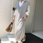 Knit V-neck Sweater With Long Shirt Gray - One Size