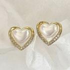 Heart Faux Pearl Rhinestone Earring 1 Pair - Gold & White - One Size